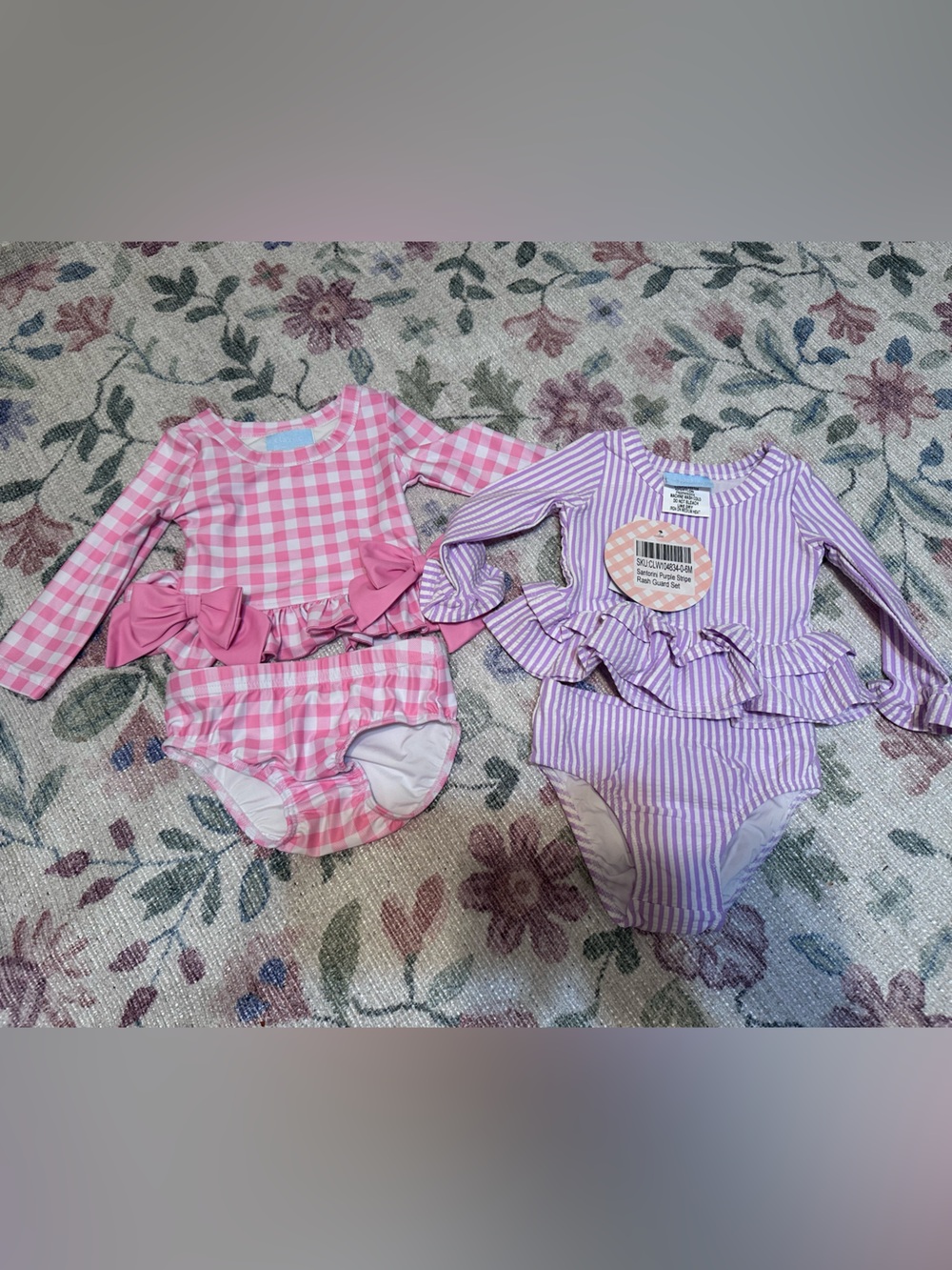 Kids Long Sleeve Pink & Lavender Swim Sets with Ruffle Skirt